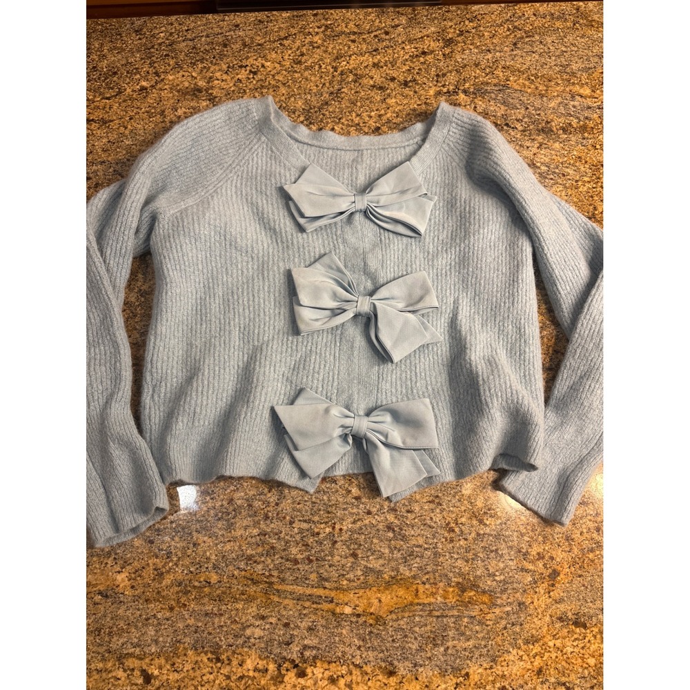 Vineyard Vines Light Blue Alpaca Wool Blend Triple Bow Front Ribbed Sweater M